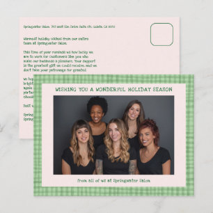Chic Gingham Pink Green Christmas Custom Business Holiday Postcard