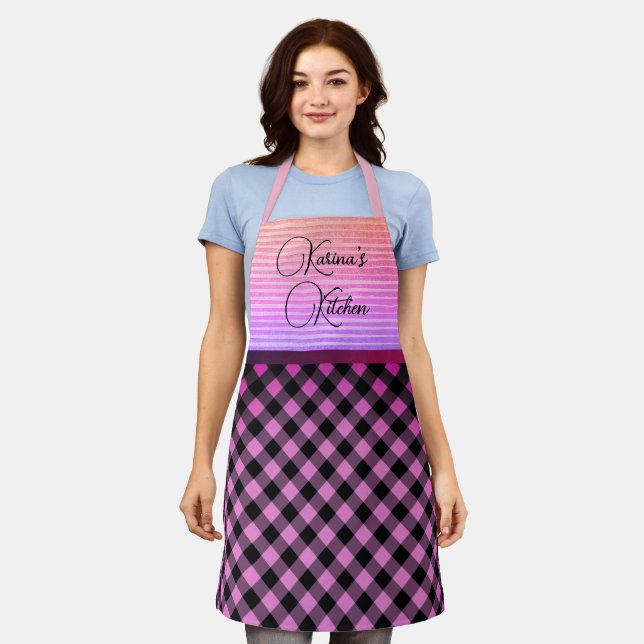 Chic Gingham Pink Personalized Apron (Worn)