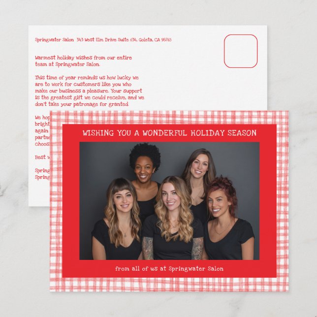 Chic Gingham Red White Christmas Custom Business  Holiday Postcard (Front/Back)