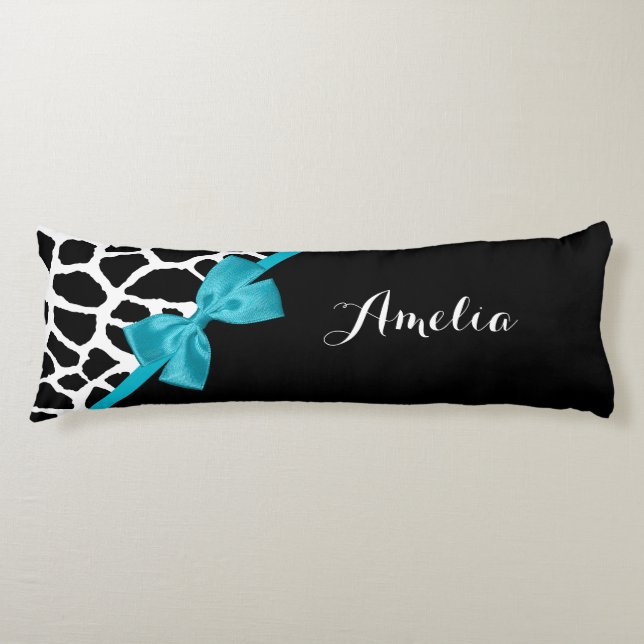 Chic Giraffe Print Aqua Blue Ribbon Bow With Name Body Pillow (Front)