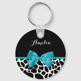 Chic Giraffe Print Aqua Blue Ribbon Bow With Name Keychain