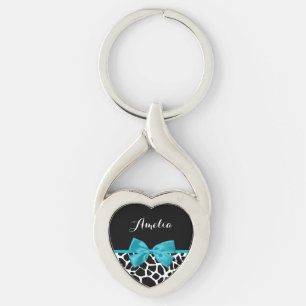 Chic Giraffe Print Aqua Blue Ribbon Bow With Name Keychain