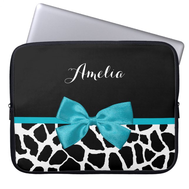 Chic Giraffe Print Aqua Blue Ribbon Bow With Name Laptop Sleeve (Front)