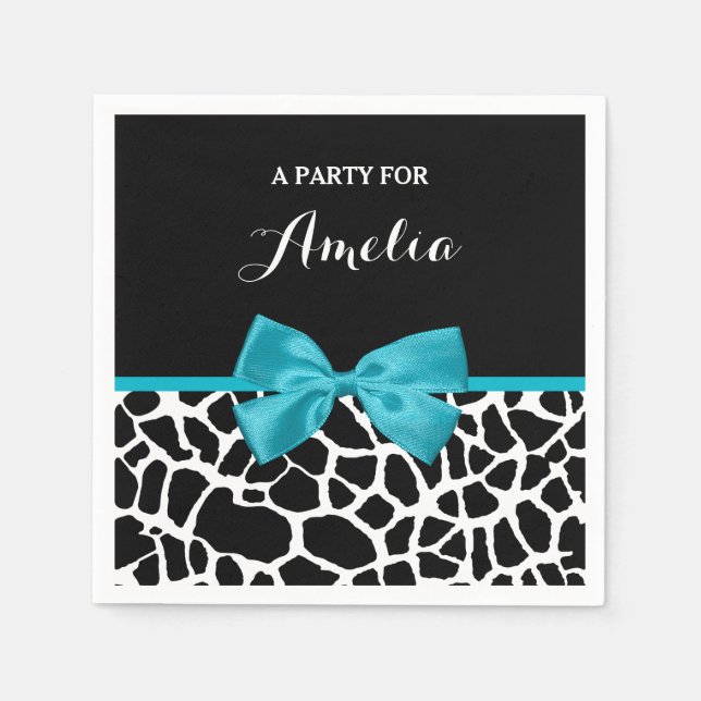 Chic Giraffe Print Aqua Blue Ribbon Bow With Name Napkin (Front)