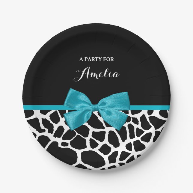 Chic Giraffe Print Aqua Blue Ribbon Bow With Name Paper Plate (Front)
