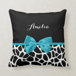 Chic Giraffe Print Aqua Blue Ribbon Bow With Name Throw Pillow