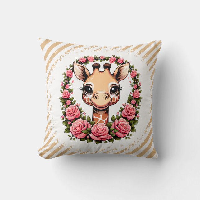 Chic Giraffe with Floral Crown Throw Pillow (Front)