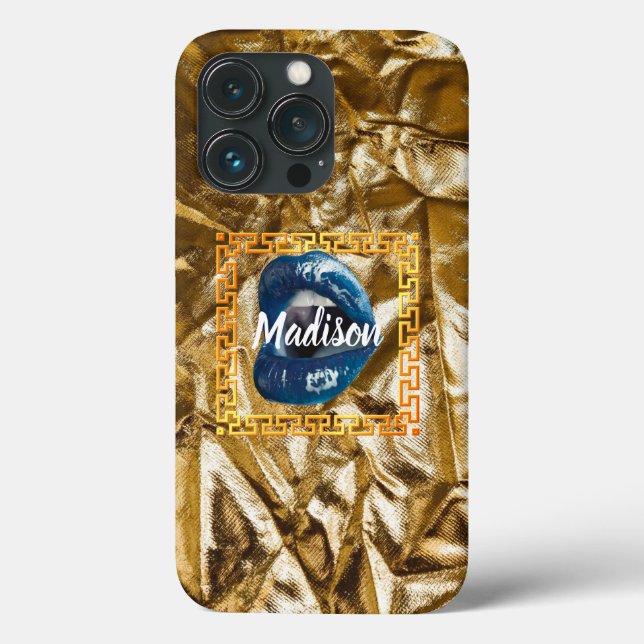 Chic Girl blue Gold Lips Beauty Personalized Case-Mate iPhone Case (Back)