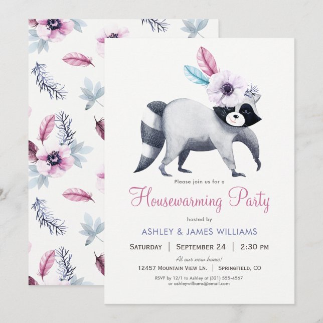 Chic Girl Raccoon Housewarming Party Invitation (Front/Back)