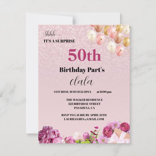 Chic Girly 50th Surprise Birthday Party Invitation (Front)