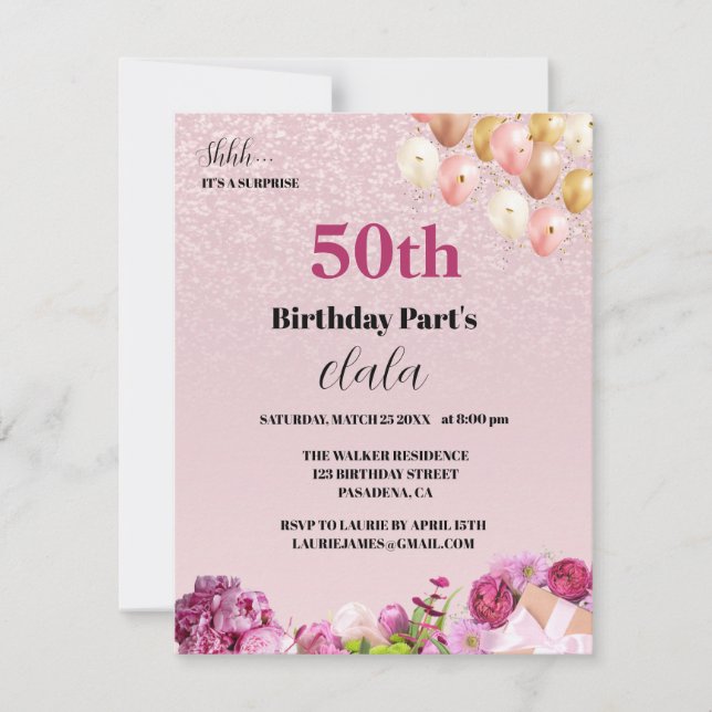 Chic Girly 50th Surprise Birthday Party Invitation (Front)