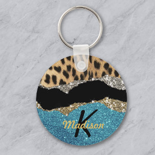 Chic girly animal print turquoise glitter monogram keychain