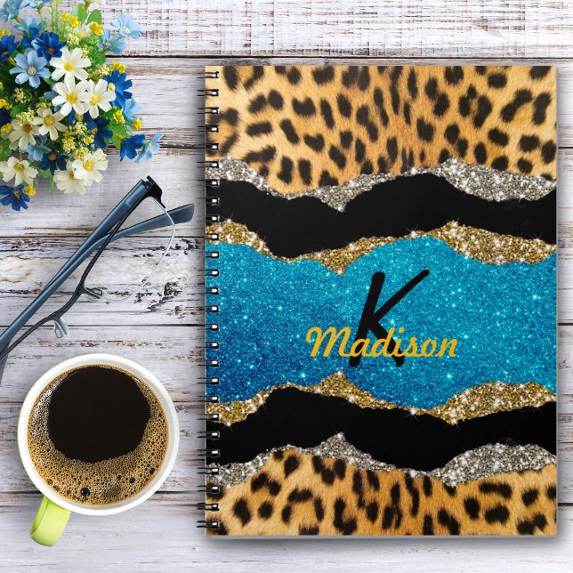 Chic girly animal print turquoise glitter monogram notebook (Creator Uploaded)