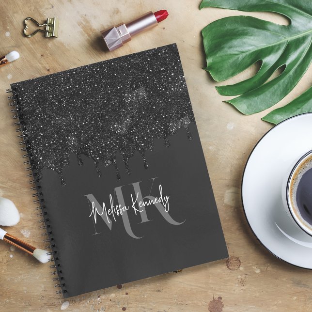 Chic Girly Black Glitter Drips Monogram With Name  Notebook (Creator Uploaded)