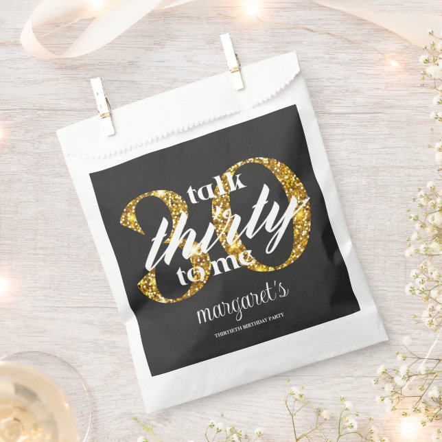 Chic Girly Black Gold Glitter 30th Birthday Party Favour Bag (Clipped)