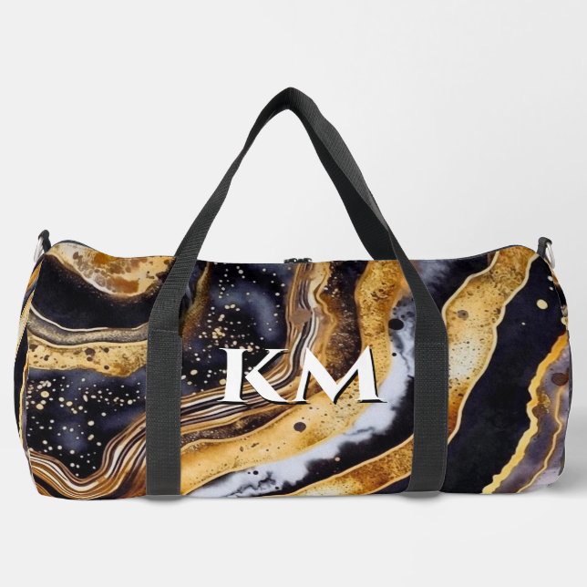 Chic girly black gold marble art  printed duffle bag (Front)
