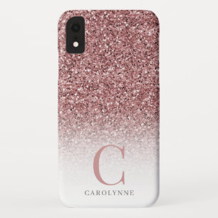 Chic Girly Blush Pink Glitter Ombre Monogram iPhone XR Case