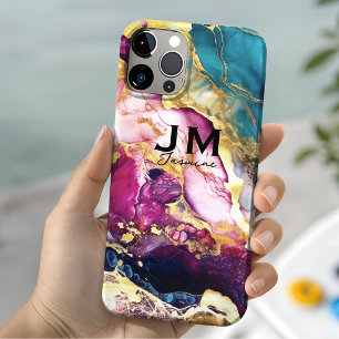 Chic girly colourful marble faux glitter monogram Case-Mate iPhone 14 case