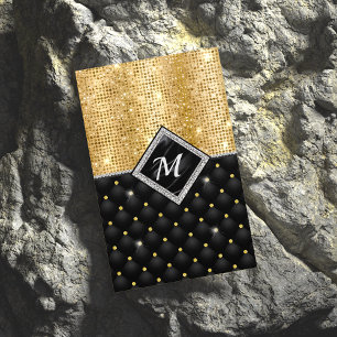 Chic girly faux glitter gold black monogram Magnetic business card
