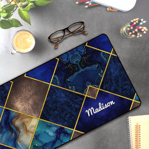 Chic girly faux Glitter gold blue geometric Desk Mat