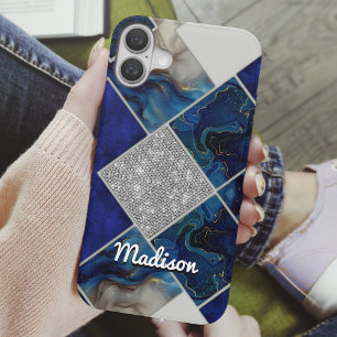 Chic girly faux Glitter silver blue geometric iPhone 16 Case