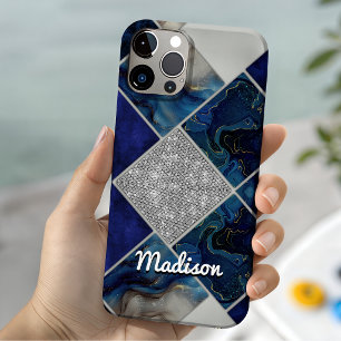 Chic girly faux Glitter silver blue geometric iPhone 15 Case