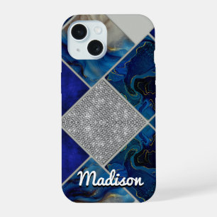 Chic girly faux Glitter silver blue geometric iPhone 15 Case