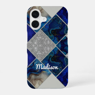 Chic girly faux Glitter silver blue geometric iPhone 16 Case