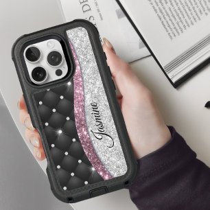 Chic girly faux Silver glitter black pink monogram