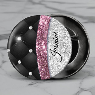 Chic girly faux Silver glitter black pink monogram 1 Inch Round Button