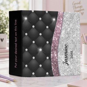 Chic girly faux Silver glitter black pink monogram Binder