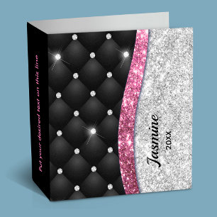Chic girly faux Silver glitter black pink monogram Binder