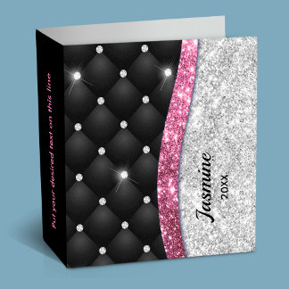 Chic girly faux Silver glitter black pink monogram Binder