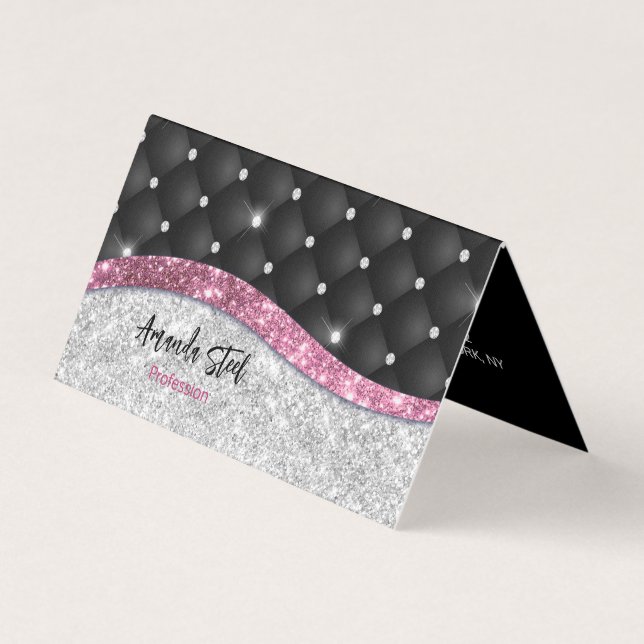 Chic girly faux Silver glitter black pink monogram Business Card (Front)