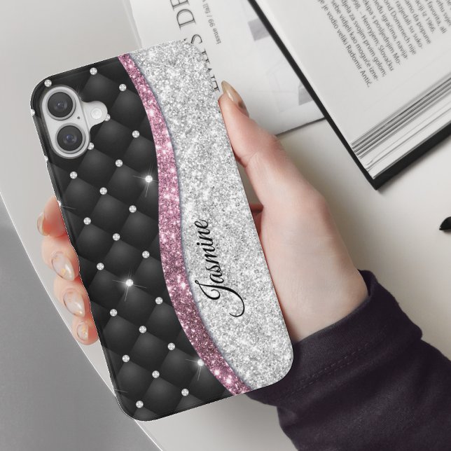 Chic girly faux Silver glitter black pink monogram Case-Mate iPhone Case (Creator Uploaded)