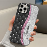 Chic girly faux Silver glitter black pink monogram