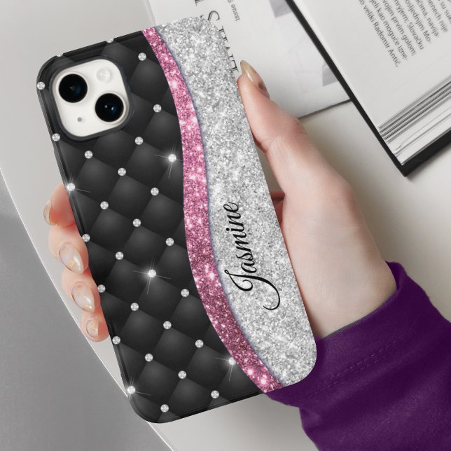Chic girly faux Silver glitter black pink monogram Case-Mate iPhone Case (Creator Uploaded)