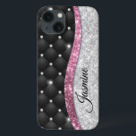 Chic girly faux Silver glitter black pink monogram iPhone 13 Case<br><div class="desc">Pretty chic and elegant girly faux silver glitter and rhinestones bling with black tuffted design to create a special unique stylish case to protect your device. Beautiful, modern and cool cover for the trend-savvy and art-loving hip trendsetter. This stylish sophisticated design would be great for girls who enjoy wearing classy...</div>