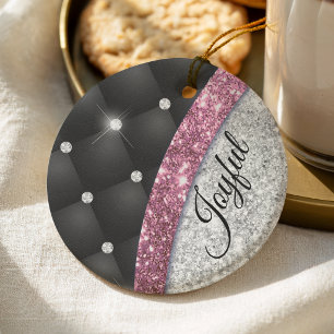 Chic girly faux Silver glitter black pink monogram Ceramic Ornament