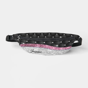 Chic girly faux Silver glitter black pink monogram Fanny Pack