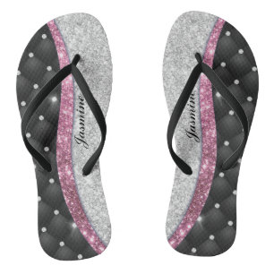 Chic girly faux Silver glitter black pink monogram Flip Flops