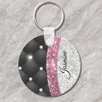 Chic girly faux Silver glitter black pink monogram