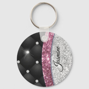 Chic girly faux Silver glitter black pink monogram Keychain