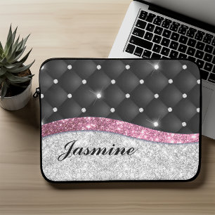 Chic girly faux Silver glitter black pink monogram Laptop Sleeve
