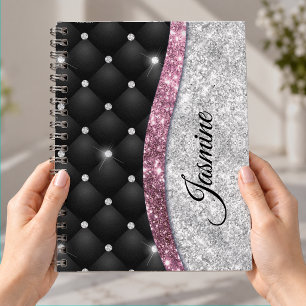 Chic girly faux Silver glitter black pink monogram Notebook
