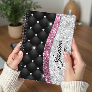 Chic girly faux Silver glitter black pink monogram Planner