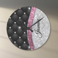 Chic girly faux Silver glitter black pink monogram
