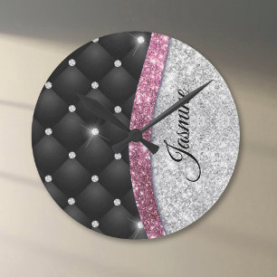 Chic girly faux Silver glitter black pink monogram Round Clock