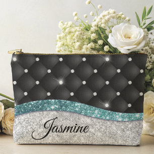 Chic girly faux Silver glitter black teal monogram Accessory Pouch