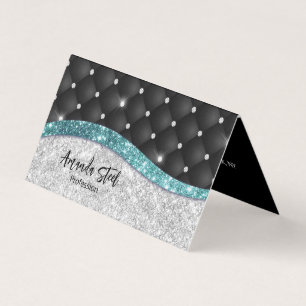 Chic girly faux Silver glitter black teal monogram Business Card